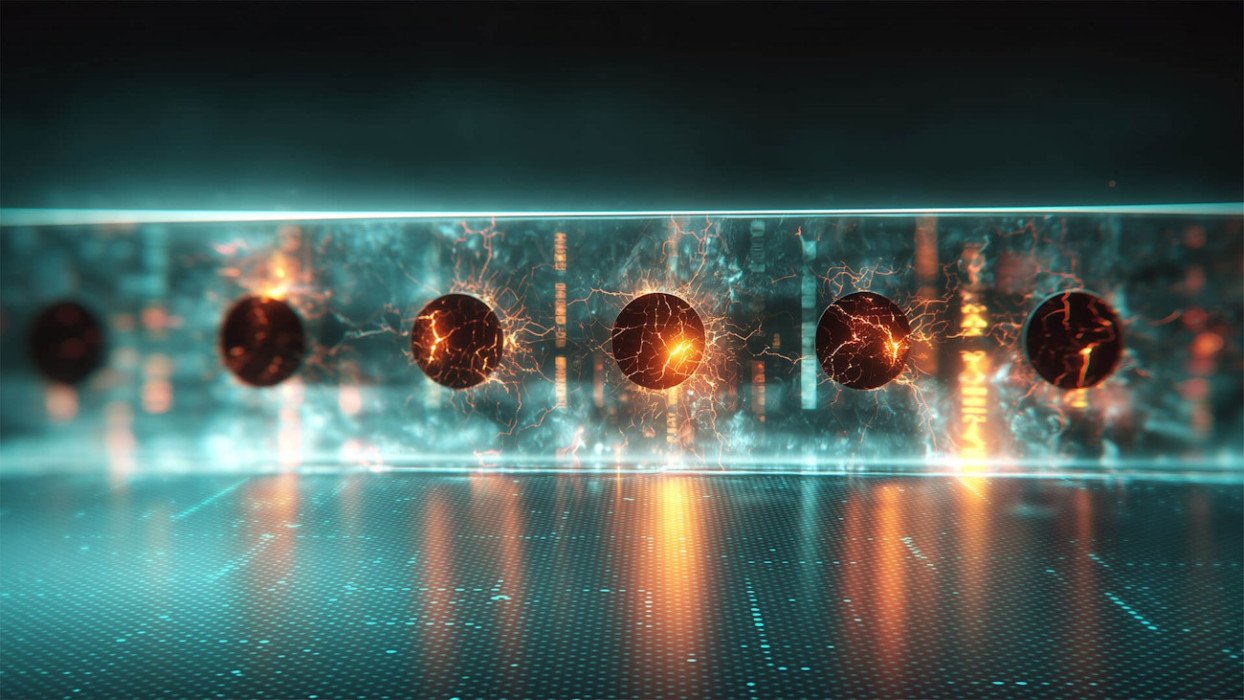 An abstract illustration of linked nodes strung along a glowing line, with the nodes cracking open.