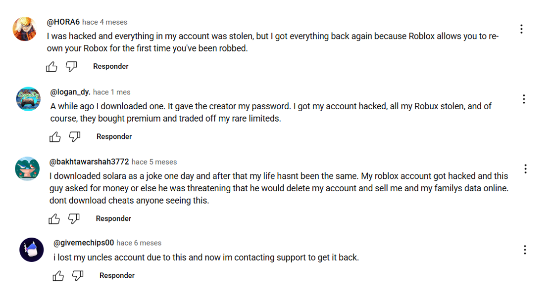 A column of comments from players describing accounts being hacked, currency stolen and payment demanded after they installed a cheat tool.