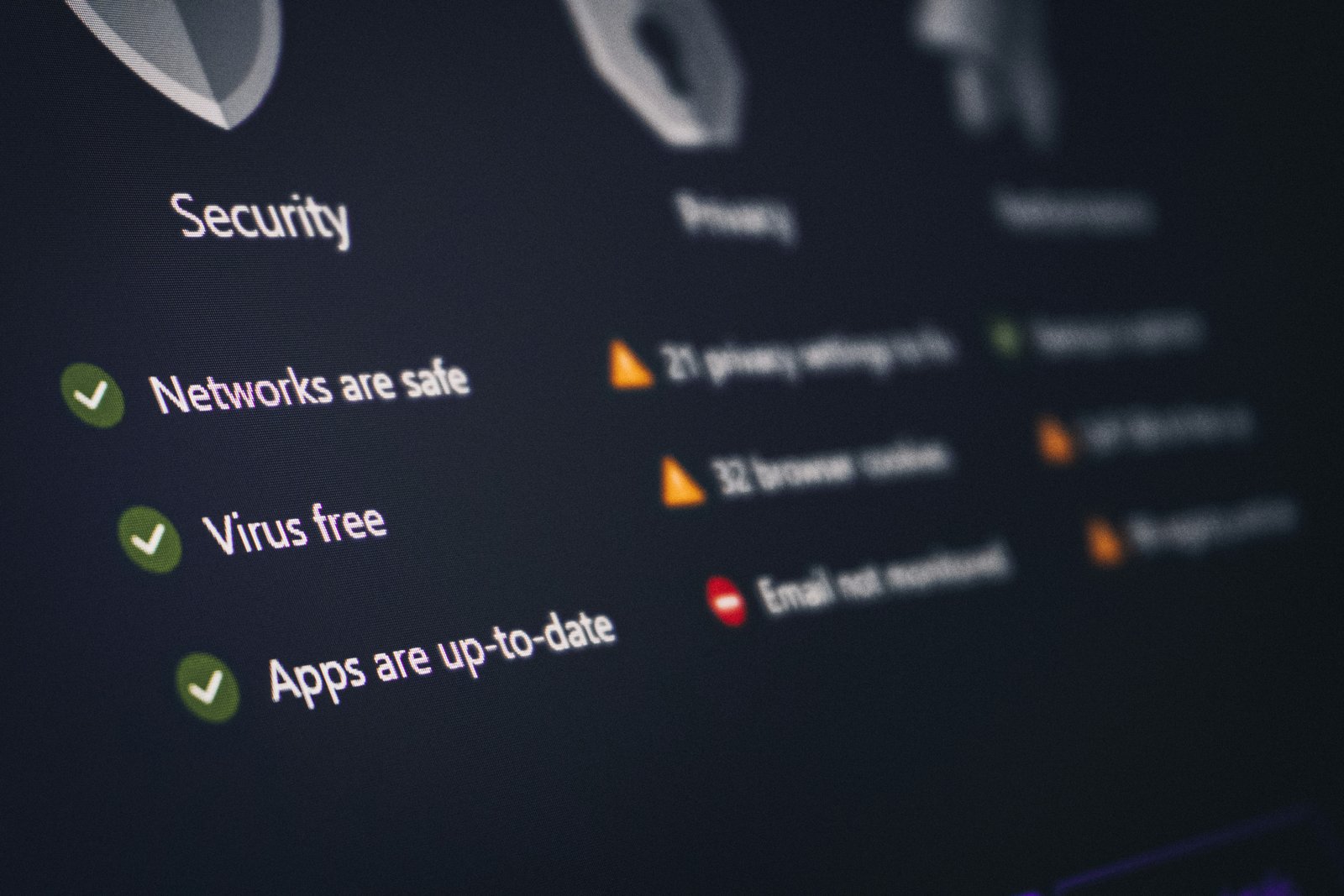 A dark screen showing a security status panel, some checks passing and others flagged.